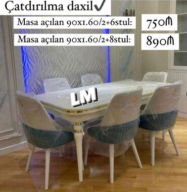 Masa və oturacaq dəstləri: Qonaq otağı üçün, Yeni, Açılan, Dördbucaq masa, 6 stul
