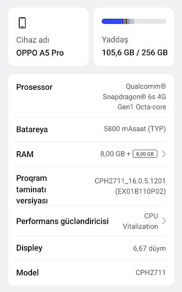 telefon mağazaları: Oppo A5 Pro, 256 GB, rəng - Mavi, Barmaq izi — 2