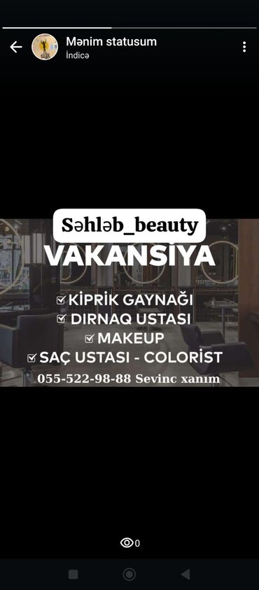 quru temizleme vakansiya: Salam Xırdalan AAAFpark yaşayış kompleksi də yerləşən Səhləb beauty