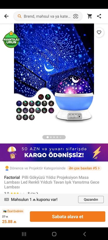 Stol lampaları: Firlanan galaktika gece lampasi 17 azn