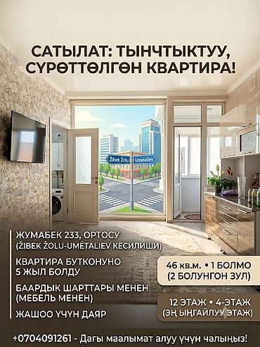 46: 1 комната, 46 м², Уметалиева/Фрунзе 4 этаж, Евроремонт — 1