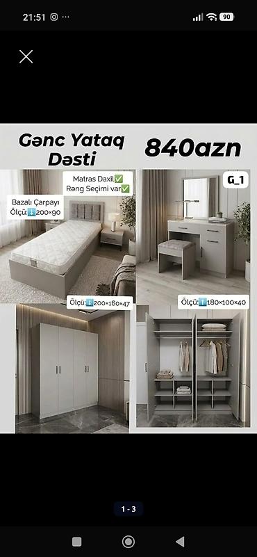 Gənc Yataq Dəsti - Dəst tərkibi: - Bazalı çarpayı – ölçü: 200×90
