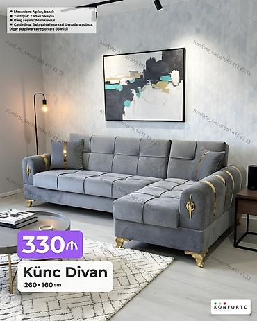 Ev üçün mebel: Künc divan – 260×160 sm - Mexanizm: açılan, bazalı (yataq funksiyası — 1