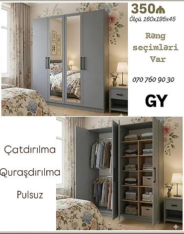 Мебель для дома: Üç qapılı paltar şkafı – güzgülü model • Ölçü: 160×195×45 sm • Rəng — 1
