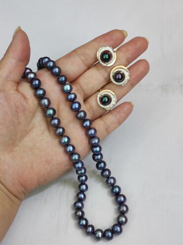 турмалиновые бусы и браслет: Новая коллекция Комплект+ Бусы с Черными Жемчугами Серебро