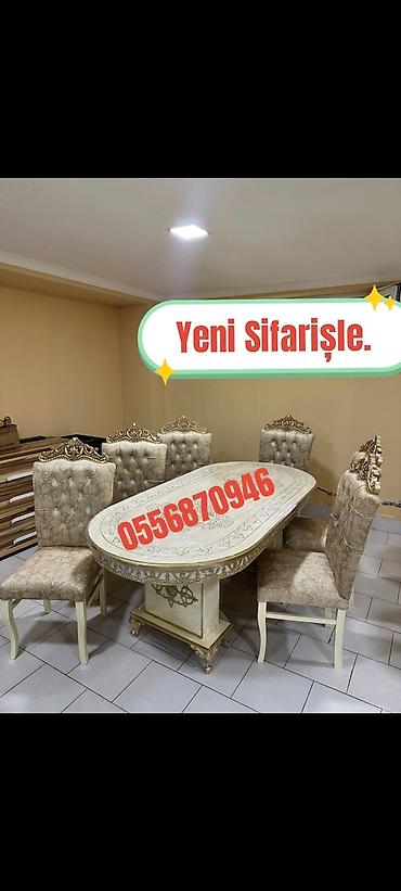 Masa və oturacaq dəstləri: Qonaq otağı üçün, Yeni, Açılmayan, Dördbucaq masa, 6 stul — 8