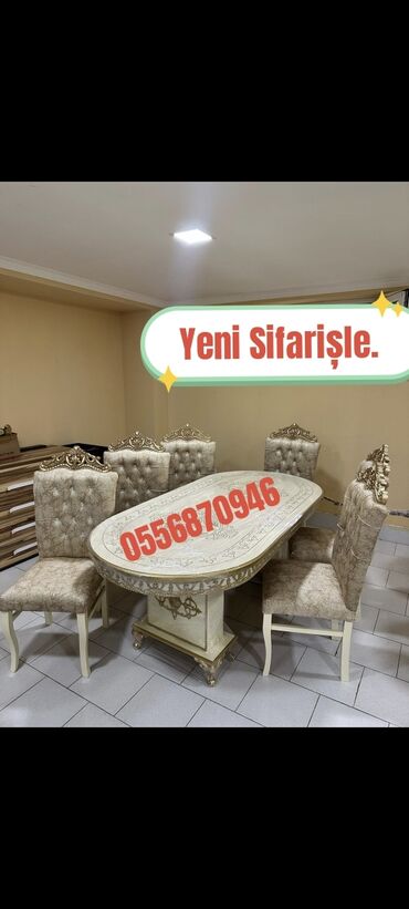 Masa və oturacaq dəstləri: Qonaq otağı üçün, Yeni, Açılmayan, Dördbucaq masa, 6 stul — 7