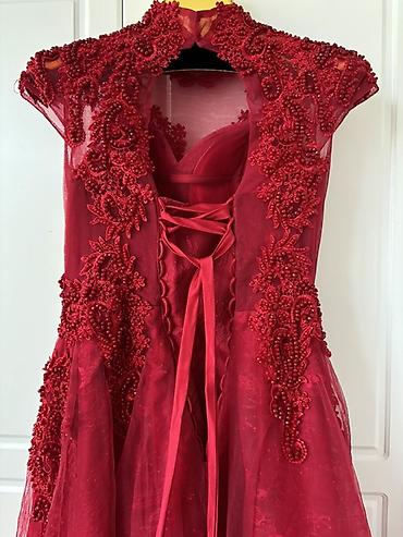 Ziyafət donları: Qırmızı ziyafət/libas - Zərif tünd qırmızı rəngdə uzun ziyafət/libas — 6