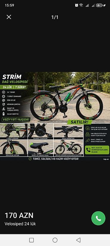 velosiped diskləri: STRİM dağ velosipedi – 24” təkər, 7 sürət (Shimano) Xüsusiyyətlər: - — 1