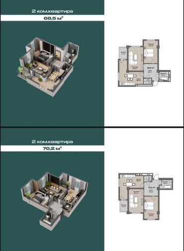 купить квартиру в строящемся доме в бишкеке: 2 комнаты, 68 м², Элитка, 12 этаж, ПСО (под самоотделку)