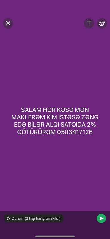 Административный персонал: Salam mən maklerəm kim istəsə yazsın 0503417127