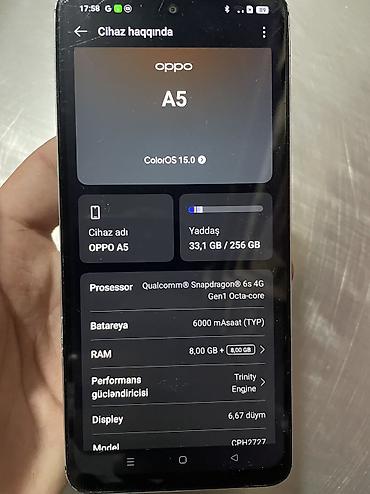 antenli telefon: Oppo A5, 256 GB, rəng - Ağ, Barmaq izi — 6