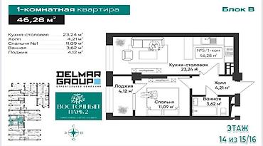 анкара 28: 2 комнаты, 47 м², Элитка, 14 этаж, ПСО (под самоотделку) — 2