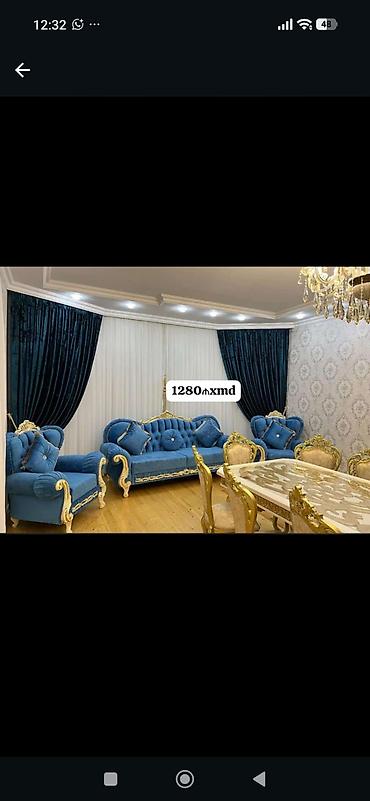 Klassik üslubda qonaq otağı mebel dəsti - Rəng: dəniz-mavisi parçalı