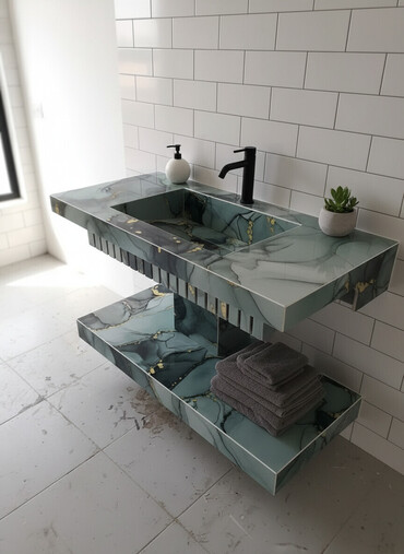 Hamam üçün aksessuarlar: Mərmər effektli konsol-lavabo modulu - Material: Parlaq səthli — 2