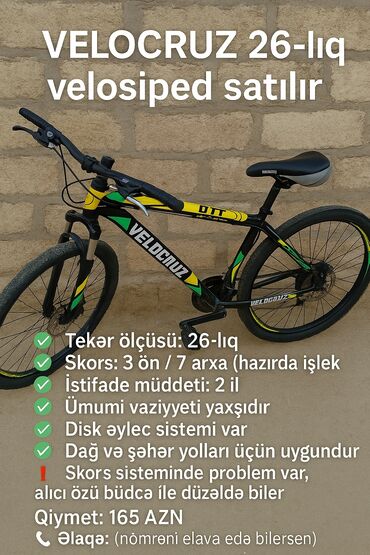 Velosipedlər: İşlənmiş Dağ velosipedi Velocruz, 26", sürətlərin sayı: 21, Ünvandan götürmə