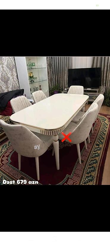 yumru besik: Ağ rəngdə yemək masası və 6 ədəd stul dəsti. - Masanın forması — 1