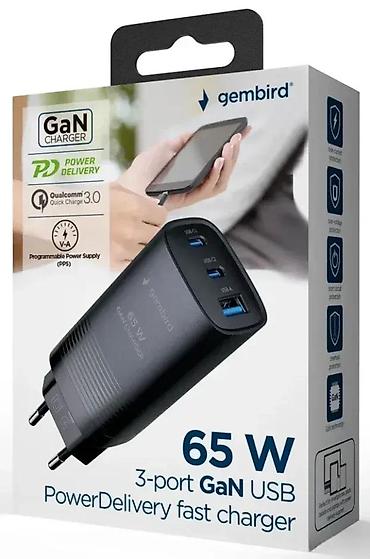Adapteri i punjači za laptop: Gembird 65W GaN brzi punjač – 3 porta - Tehnologija: GaN (gallium — 1