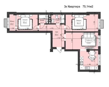 1км кв: 3 комнаты, 75 м², Элитка, 3 этаж, ПСО (под самоотделку)