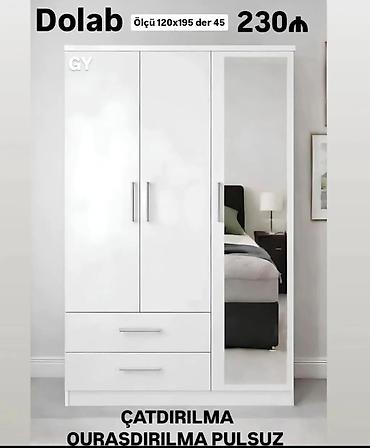 asilqan: Ağ rəngli şkaf – 3 qapılı, aynalı model. Ölçü: 120 x 195 sm, dərinlik — 1