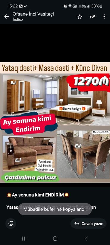 istikbal matras: *💥Ay sonuna kimi ENDİRİM💥* *Yataq dəsti + Künc divan + Masa dəsti