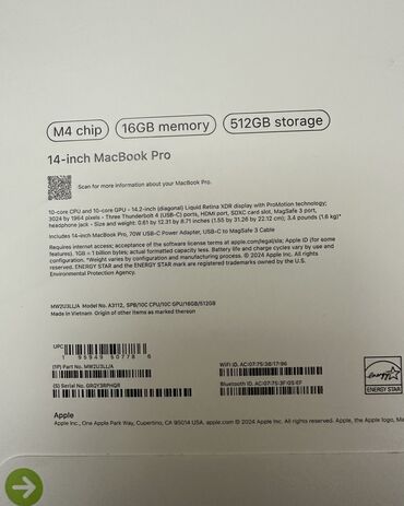 insta 360 камера: Ультрабук, Apple, 16 ГБ ОЗУ, Apple M4 Pro, 14.3 ", Новый, Для несложных задач, память SSD