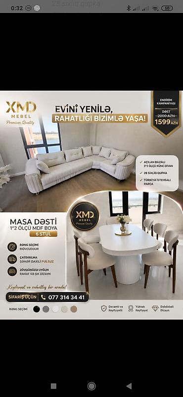 boyama seti: MDF boyalı yemək masası və 6 ədəd stul dəsti - Ölçü: 1×2 m - — 2