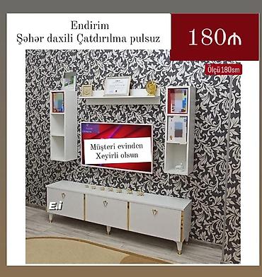 stullar ev ucun: TV stend və divar rəfi dəsti - Ümumi ölçü: 180 sm - Rəng: ağ, qızılı — 2