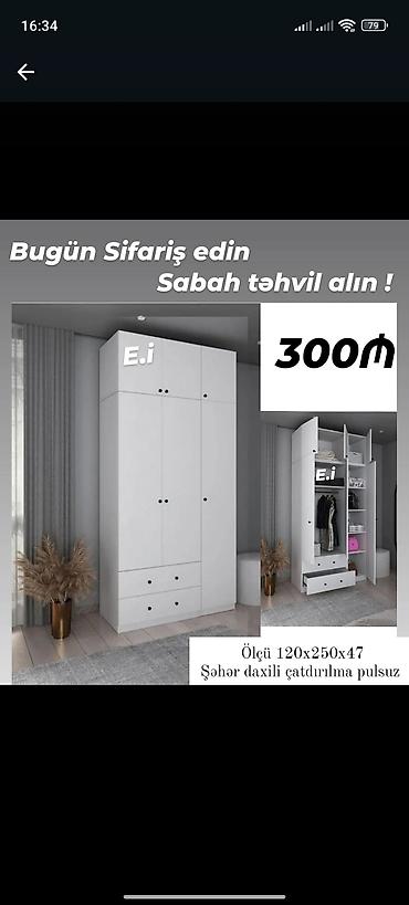 Dolablar: Ağ rəngdə çoxfunksiyalı paltar dolabı - Model: 3 qapılı, üst hissədə — 1
