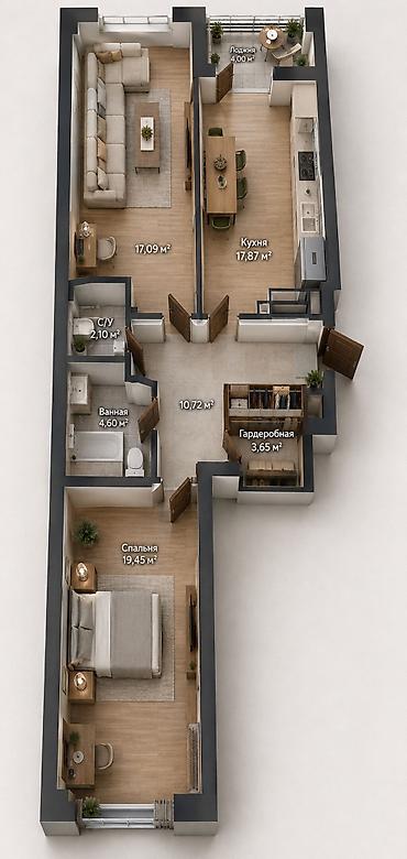 дом кут: 2 комнаты, 66 м², Технопарк Элитка, 7 этаж, ПСО (под самоотделку) — 5