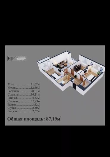 генезис: 3 комнаты, 87 м², Элитка, 7 этаж, Без ремонта