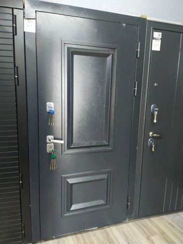 Təmir və tikinti: Qara rəngdə, iki ədəd düzbucaqlı dekorativ paneli olan metal qapı