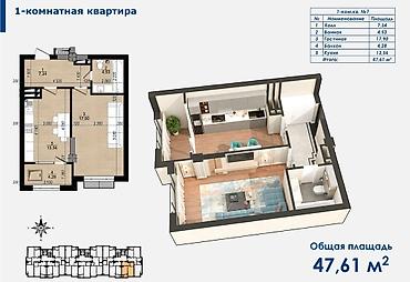 46: 1 комната, 46 м², Кок-Жар мкр Элитка, 3 этаж, ПСО (под самоотделку) — 2