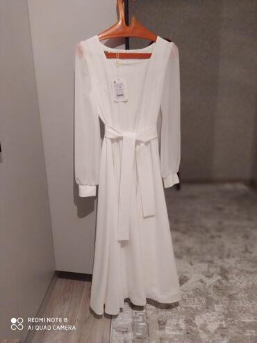 белый платье: Вечернее платье, Пышное, Средняя модель, Шелк, С рукавами, S (EU 36)