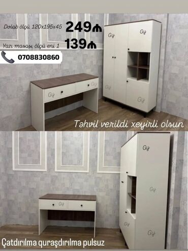 Yataq otağı dəstləri: Ağ rəngdə və qəhvəyi üst hissəsi olan dolab və yazı masası dəsti