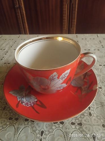 Qab-qacaq və mətbəx ləvazimatları: Çay dəsti, rəng - Narıncı, Farfor, 2 nəfərlik, SSRİ — 1