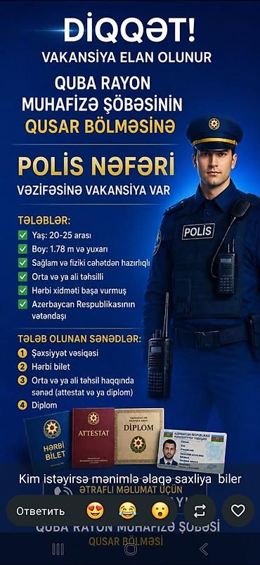 internet iş: Boyu 1.74 yuxarı Yaş 19. 35 Hərbi xidmət kəçmiş 11 ci sinif — 1