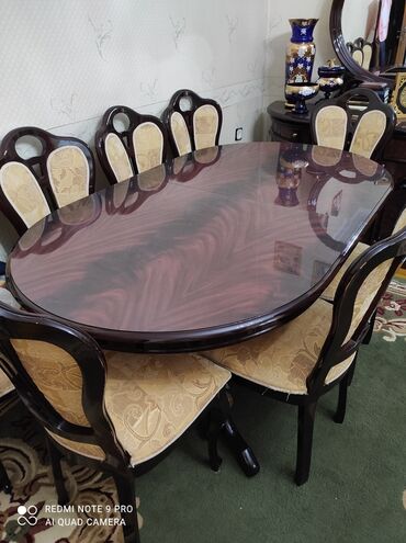 epoksi qatrandan hazırlanmış masa: Qonaq otağı üçün, İşlənmiş, Açılan, Oval masa, 6 stul