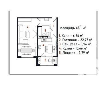 108: 1 комната, 48 м², Церковь 108 серия, 7 этаж, ПСО (под самоотделку) — 2