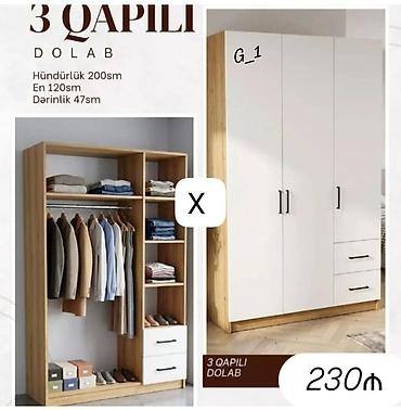 Dolablar: 3 qapılı geyim dolabı Ölçülər: - Hündürlük: 200 sm - En: 120 sm - — 1