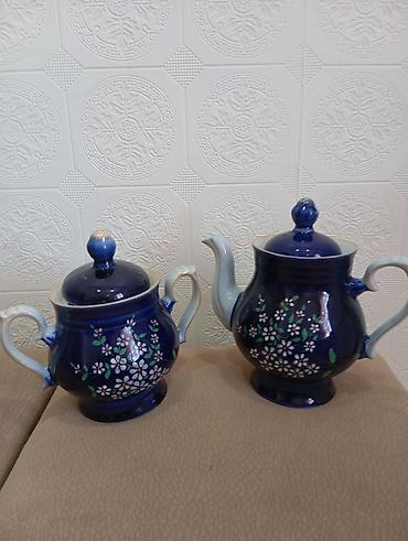 dəmir çaynik: Çay dəsti, rəng - Göy, Farfor — 2