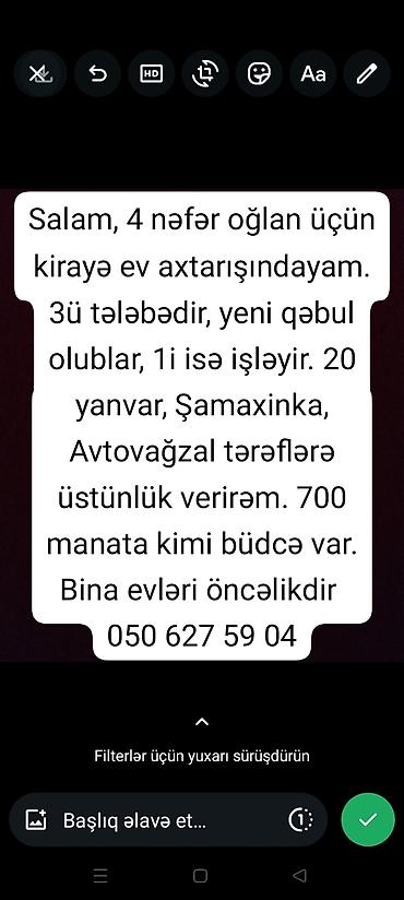 Дома: Axtarış: 4 nəfər oğlan üçün kirayə ev Tələblər: - 3 nəfər tələbə — 1
