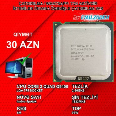 Prosessorlar: Prosessor Intel Core 2 Quad Core 2 Quad Q9400, 2-3 GHz processor, 4 nüvə, Used