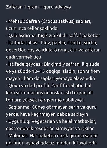 Qida məhsulları: Zəfəran – 1 qramlıq quru ədviyyə - Məhsul: Safran (Crocus sativus) — 3