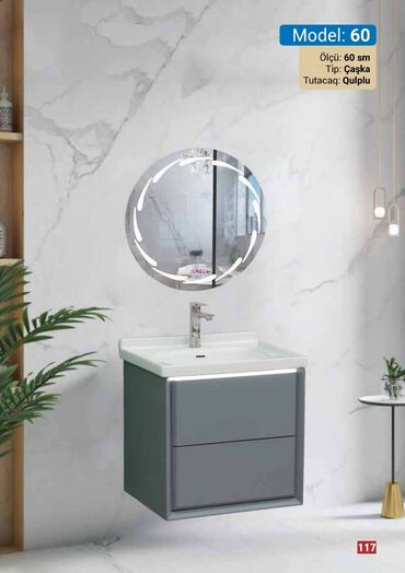 60 sm ölçülü, boz rəngli, qulplu, iki siyirməli asma hamam dolabı. Üst