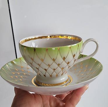çay serviz: Çay dəsti, rəng - Yaşıl, Farfor, 6 nəfərlik, SSRİ — 10