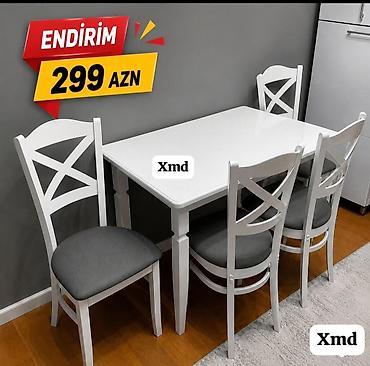 Ağ rəngdə 1 masa + 4 stul dəsti - Klassik dizaynlı, düzbucaqlı stol