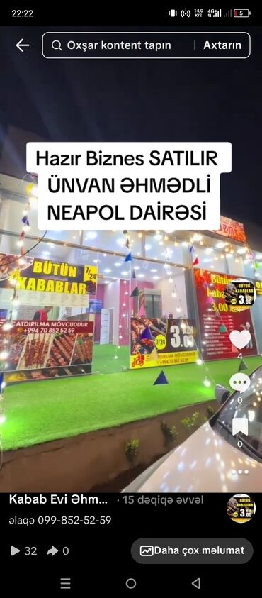 Гаражи: TƏCİLİ HAZIR BİZNES SATILIR!! Kabab dürüm evi Əhmədli Neapol dairəsi