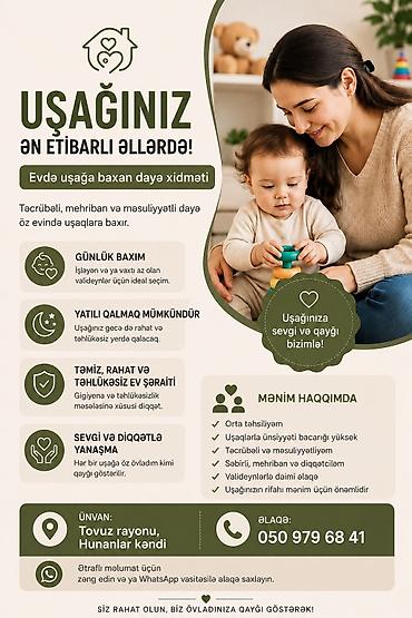 Няни, сиделки: Uşağınıza ən etibarlı əllərdə qayğı! Evdə uşağa baxan dayə xidməti - — 1