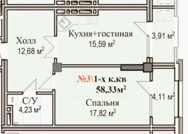 квартира аренда на месяц: 1 комната, 58 м², Элитка, 6 этаж, ПСО (под самоотделку)